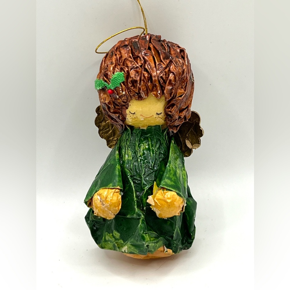 Vintage Paper Mache Angel Green Robe Handmade Christmas Ornament 4.5 in